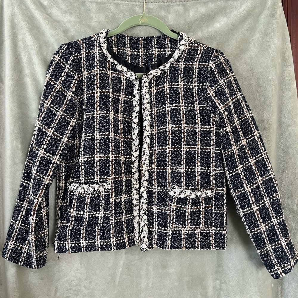 Navy and white plaid blazer with white trim